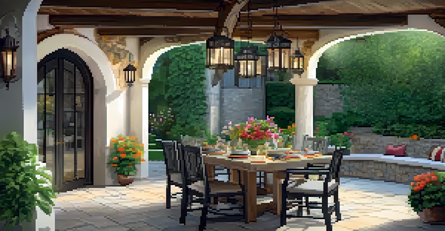An outdoor patio with stone flooring, a rustic dining table, and surrounded by greenery and flowers.