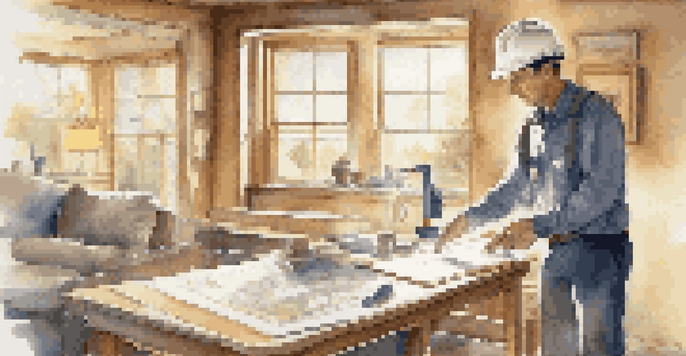 A home inspector in a hard hat examines a house's foundation using a flashlight, with tools and a clipboard nearby.