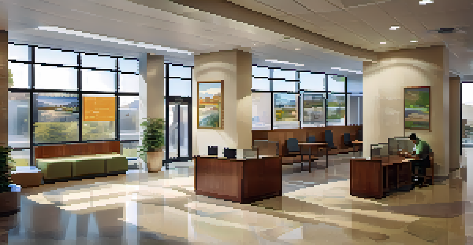 A local government office reception area with a map, seating, and staff assisting citizens.