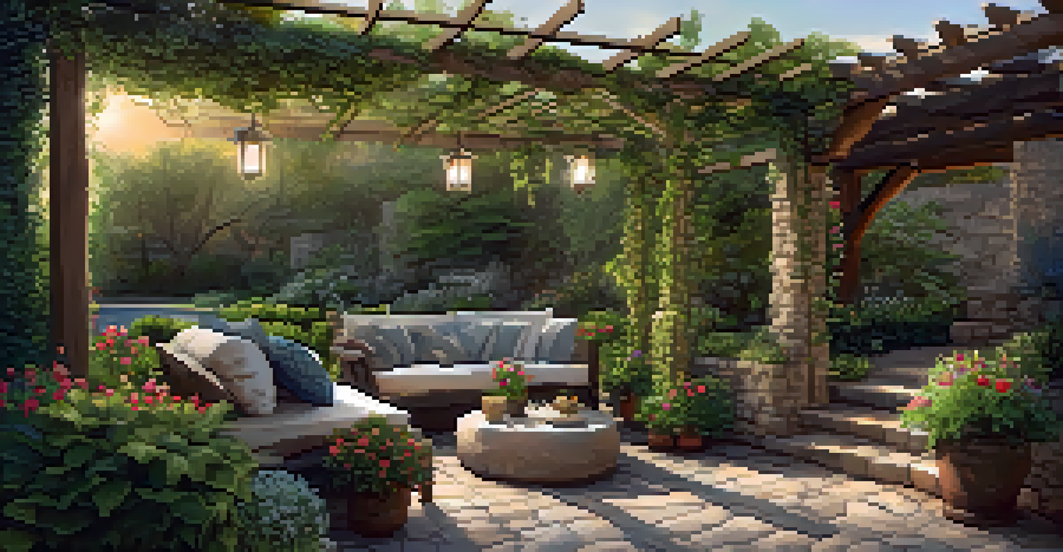An inviting outdoor seating area with a stone pathway leading to a shaded pergola covered in climbing plants, bathed in soft evening light.