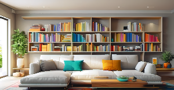A cozy living room with a stylish wall shelf displaying books and plants, illuminated by natural light.
