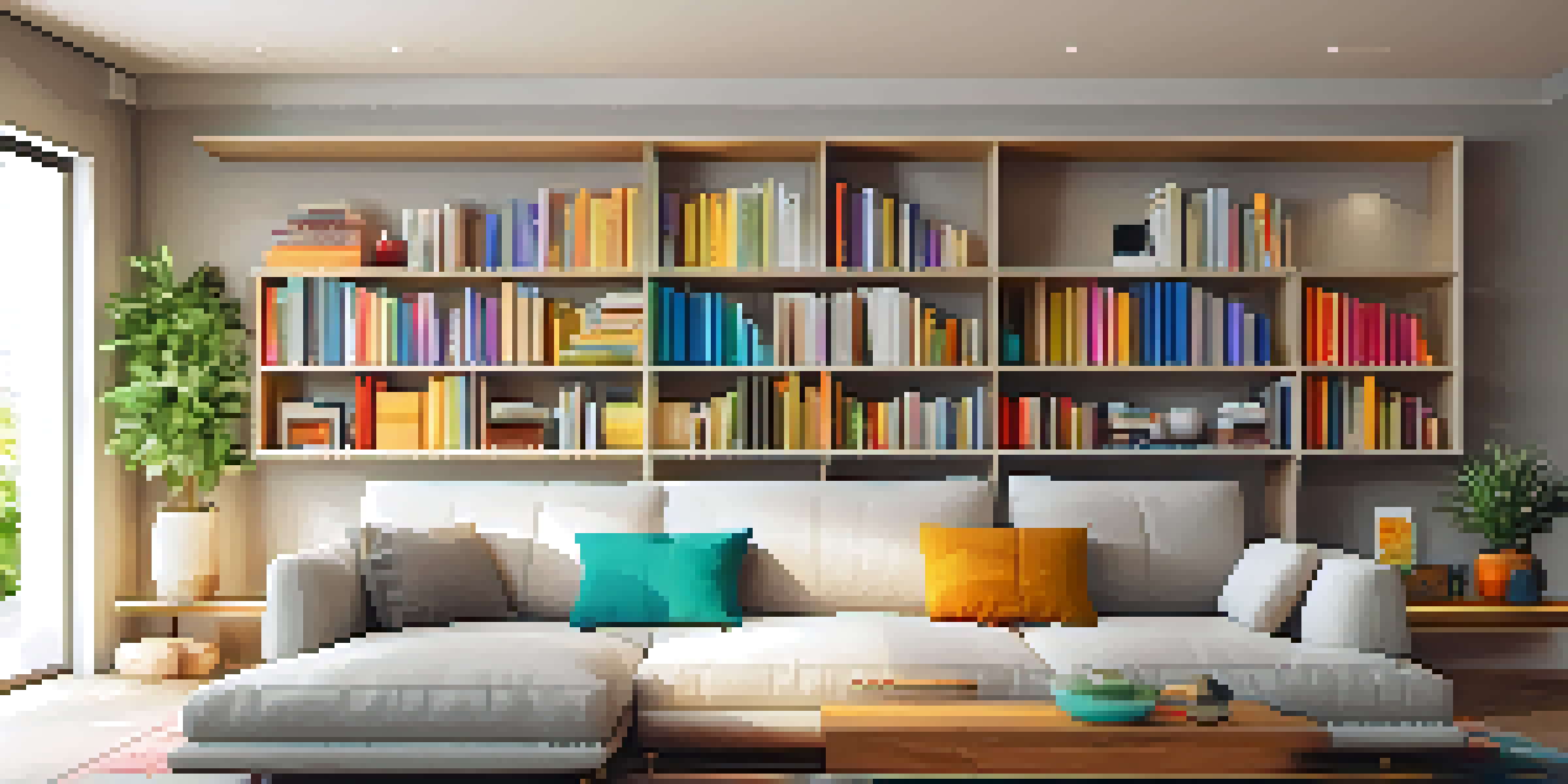 A cozy living room with a stylish wall shelf displaying books and plants, illuminated by natural light.