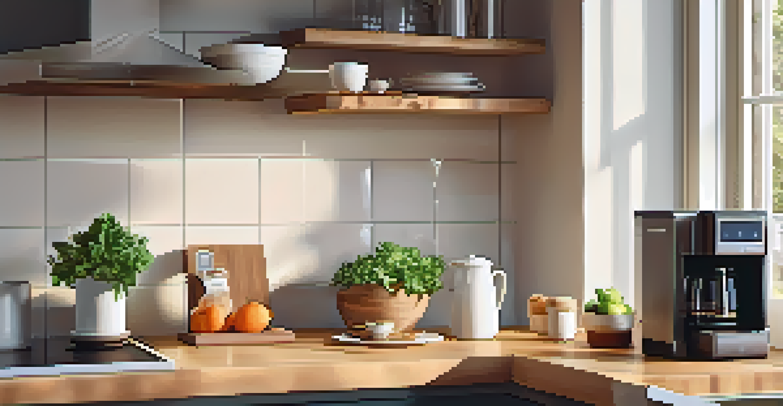A cozy kitchen with a coffee maker brewing coffee, bright and inviting with natural light and fresh ingredients.