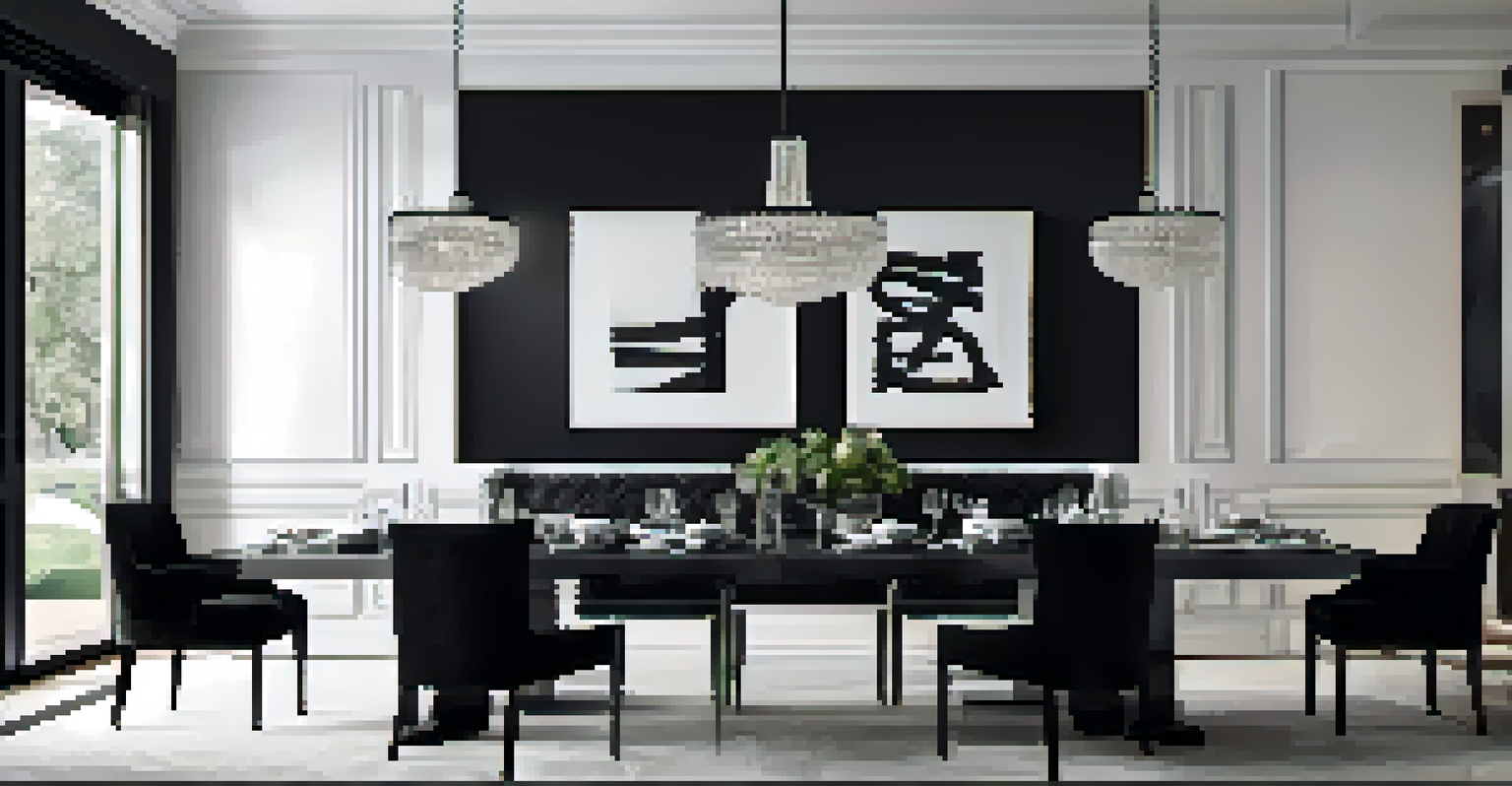 A stylish dining room in black and white with elegant furniture and striking artwork.