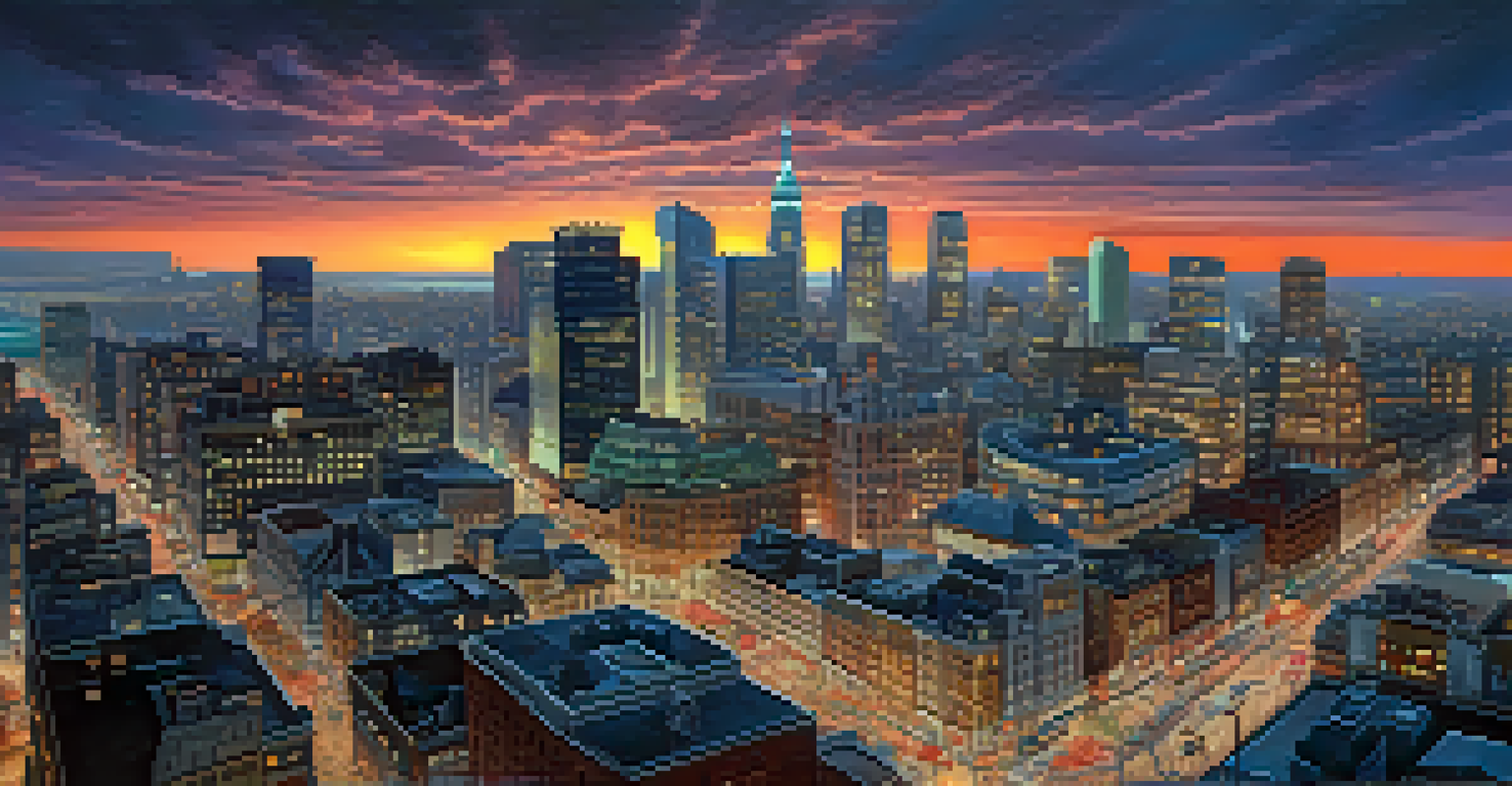 An aerial view of a vibrant city skyline at twilight, showcasing illuminated skyscrapers and bustling streets filled with cars and pedestrians.