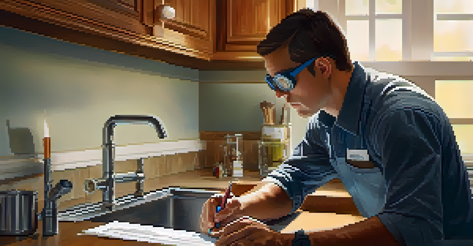 A plumbing inspector checking under a kitchen sink with a flashlight, surrounded by a well-lit kitchen.