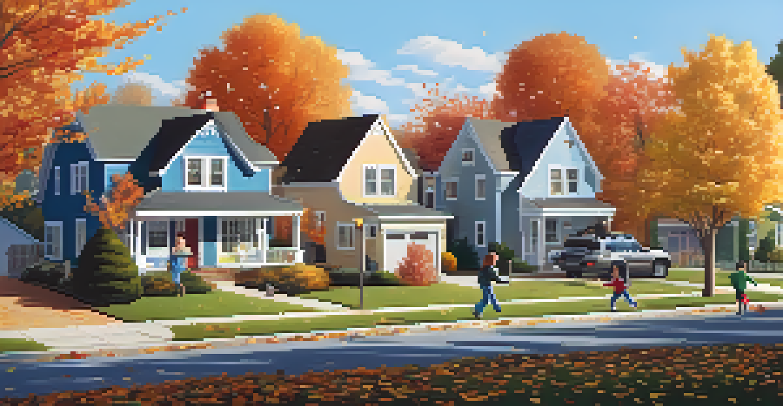 A peaceful suburban neighborhood in autumn with families enjoying the outdoors.