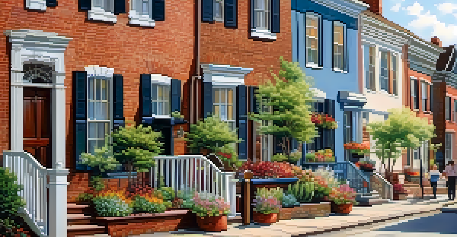 A street view of historic homes with unique architecture, featuring arched windows and brick facades, with people walking and flowers in window boxes.