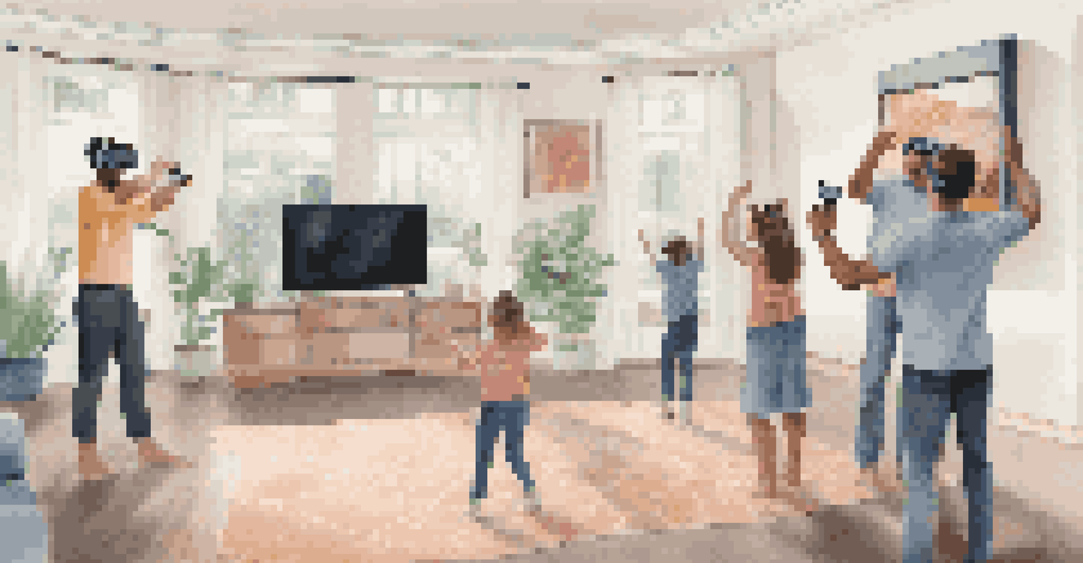 A family wearing virtual reality headsets in their living room, excitedly interacting with a virtual home tour displayed on the TV.