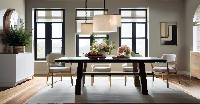 A modern dining room with a geometric pendant light above a reclaimed wood table, soft neutral walls, and natural light from a window.