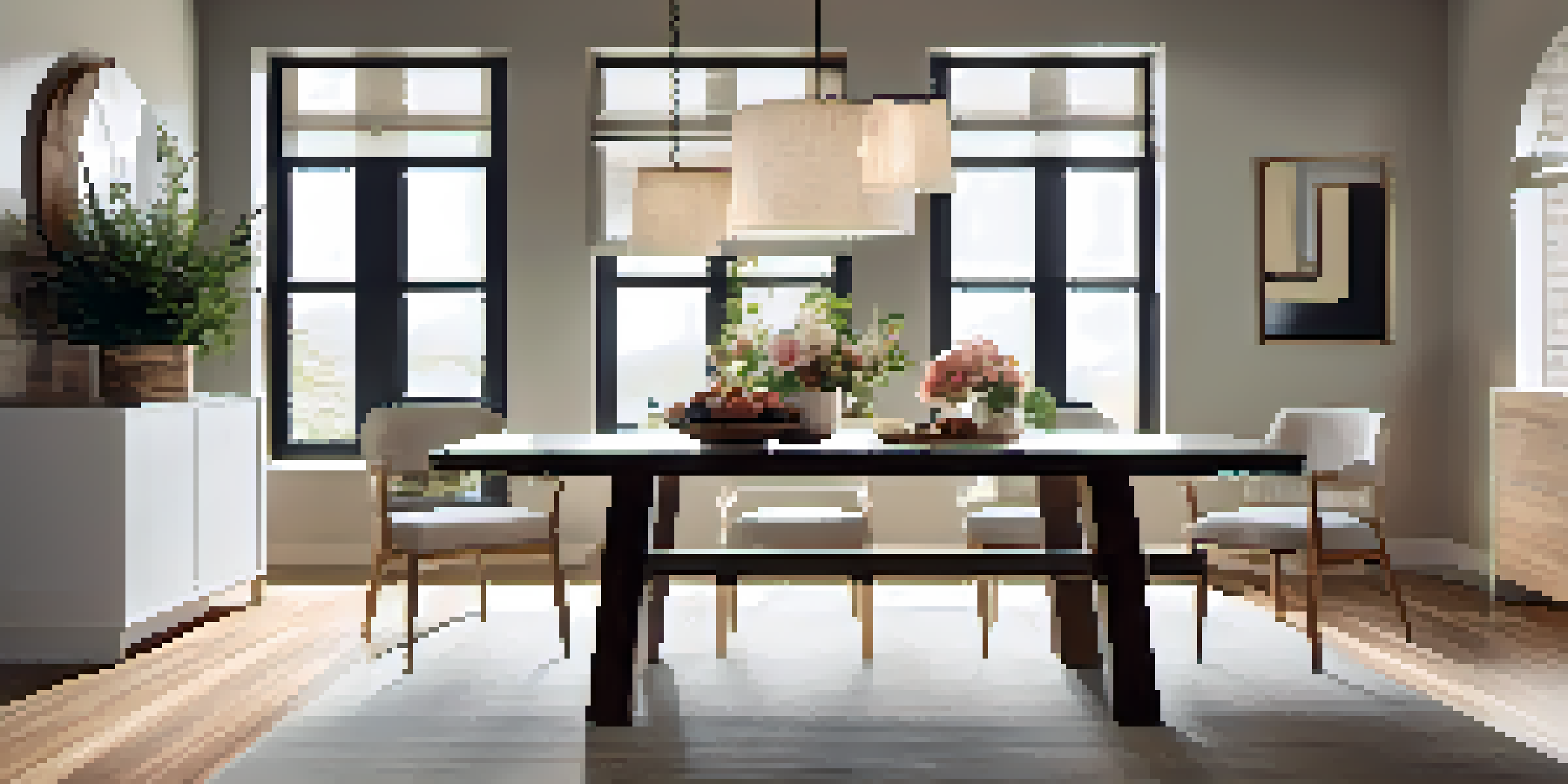 A modern dining room with a geometric pendant light above a reclaimed wood table, soft neutral walls, and natural light from a window.