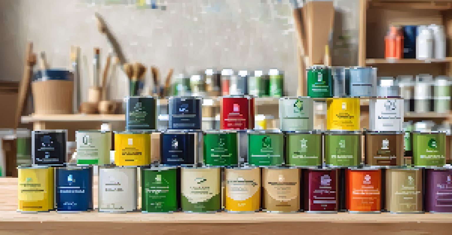 A wooden table displaying cans of eco-friendly paint with certification labels, surrounded by paintbrushes and color swatches.