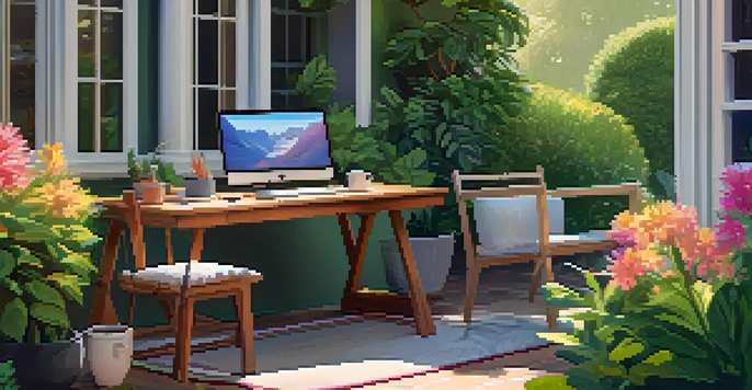 An outdoor office in a backyard with a wooden desk, ergonomic chair, and laptop, surrounded by lush greenery and flowers under soft sunlight.