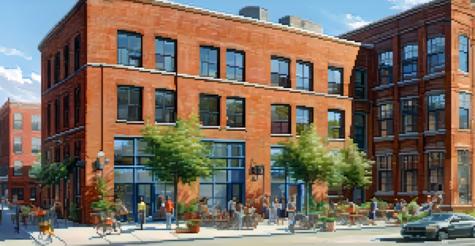 A transformed factory building with stylish loft apartments and a community garden, showcasing a blend of old and new architecture.