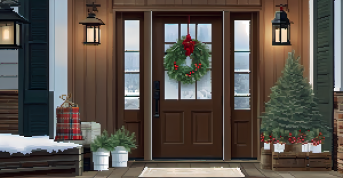 A winter-themed entryway with a frosted berry wreath, fresh greenery, warm lighting, and a cozy throw blanket.