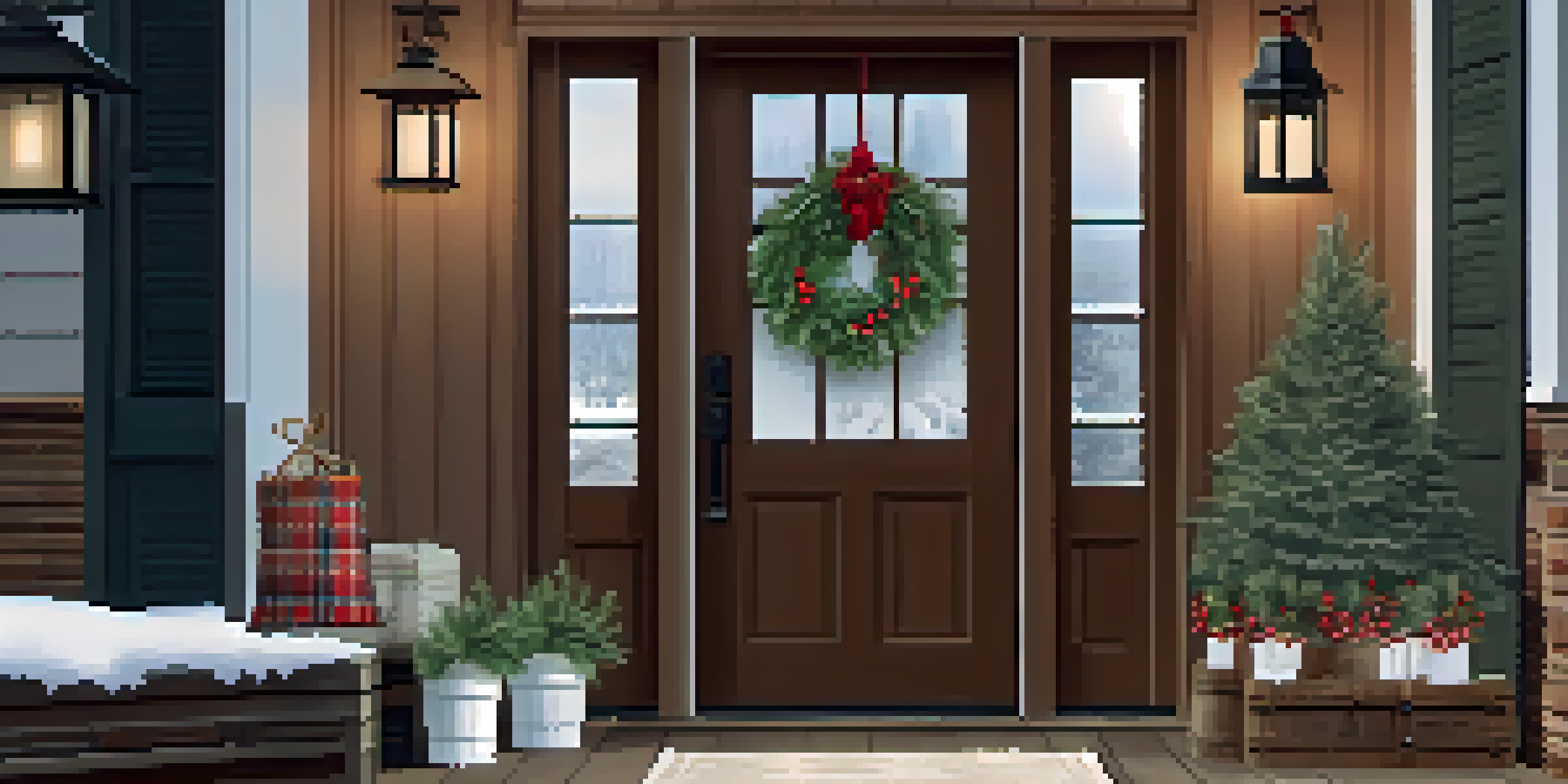 A winter-themed entryway with a frosted berry wreath, fresh greenery, warm lighting, and a cozy throw blanket.