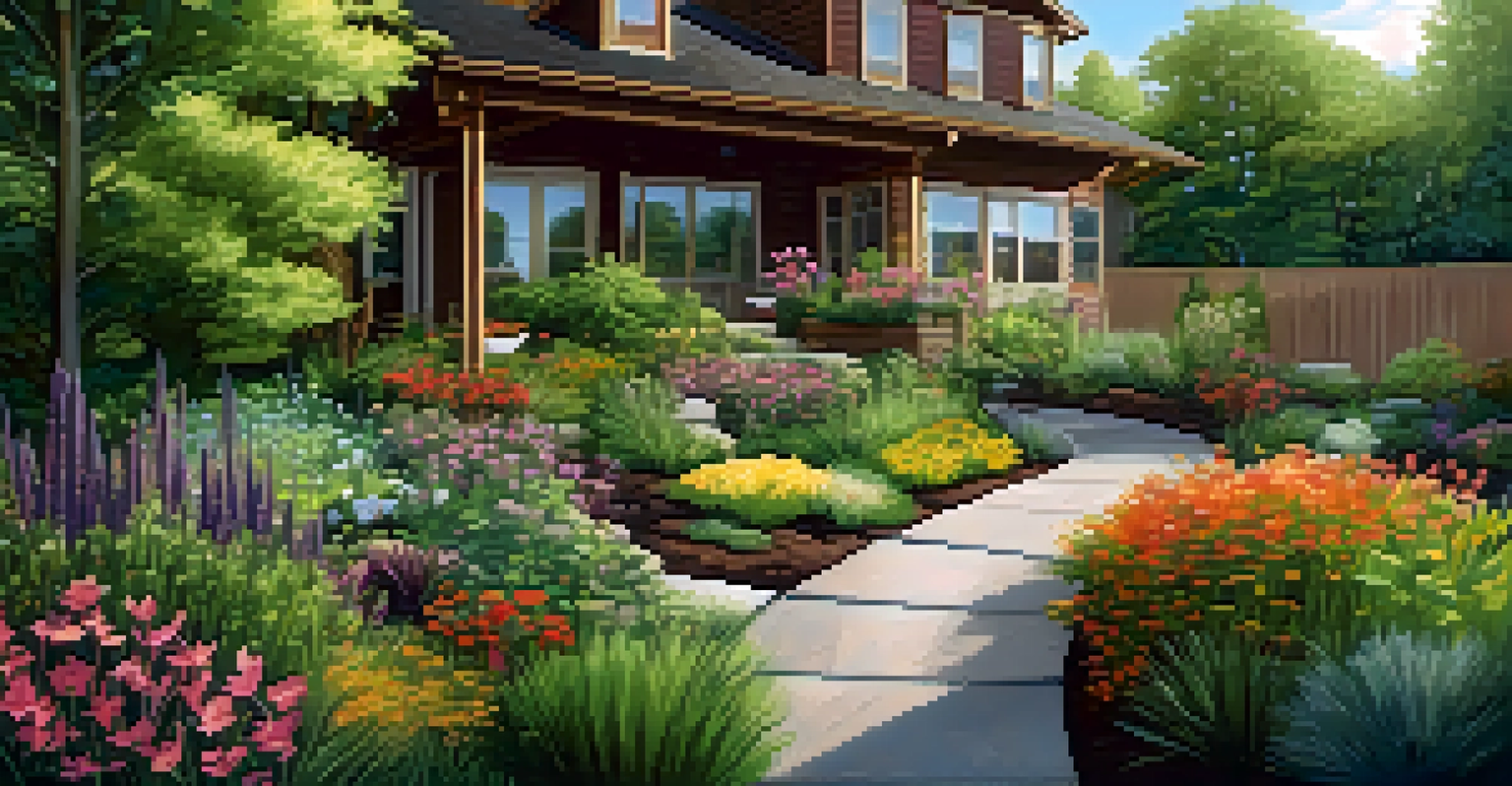 A sustainable garden with native plants, rain garden, and permeable paving under a clear blue sky.