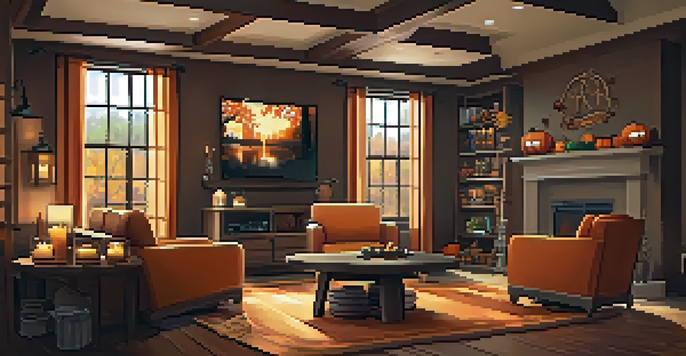 A cozy game room decorated for autumn with warm colors, pumpkins, and fall-themed decor.