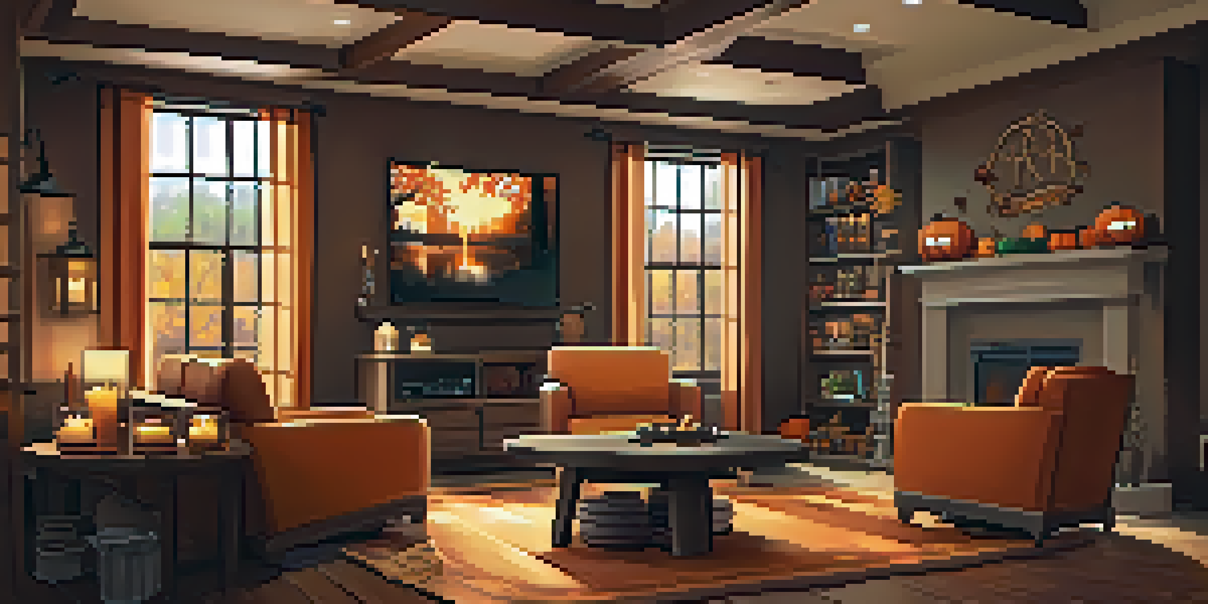 A cozy game room decorated for autumn with warm colors, pumpkins, and fall-themed decor.
