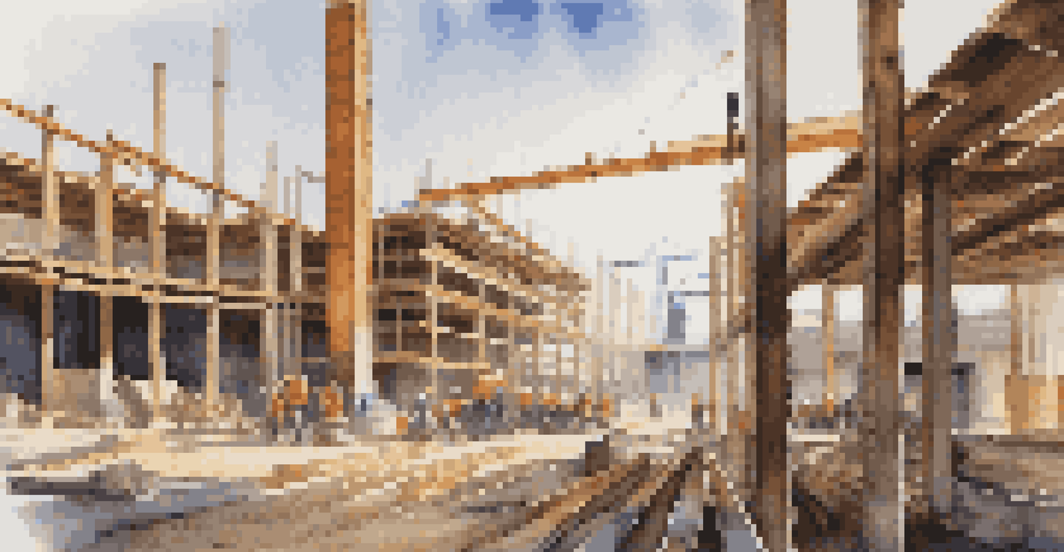 A construction site with stacked building materials and workers collaborating under bright sunlight.