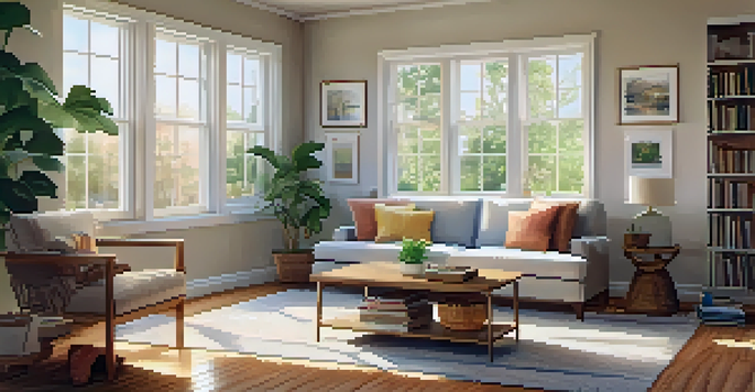 A bright and cozy living room with natural sunlight, a sofa, coffee table, and decorative items.