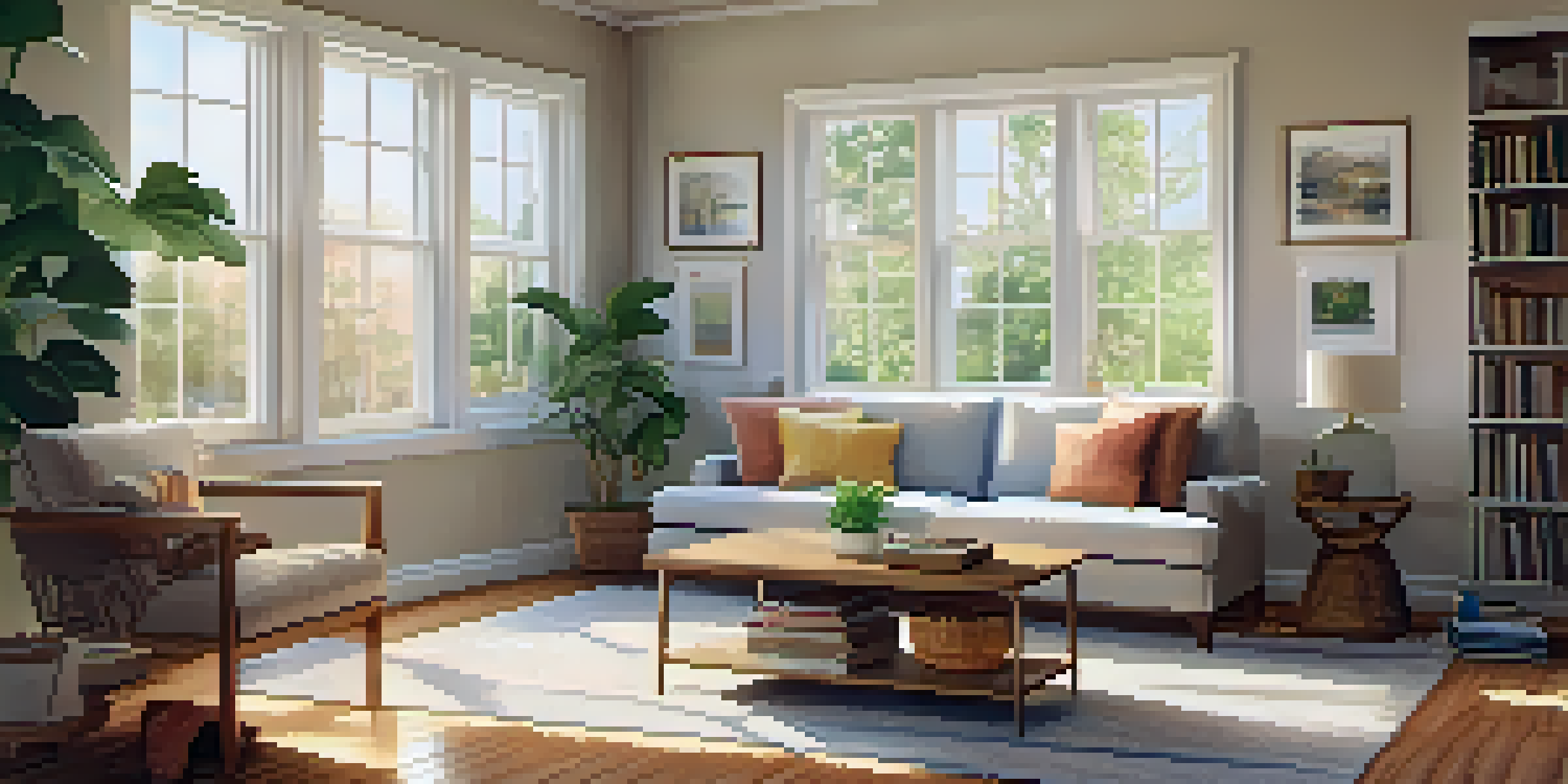 A bright and cozy living room with natural sunlight, a sofa, coffee table, and decorative items.