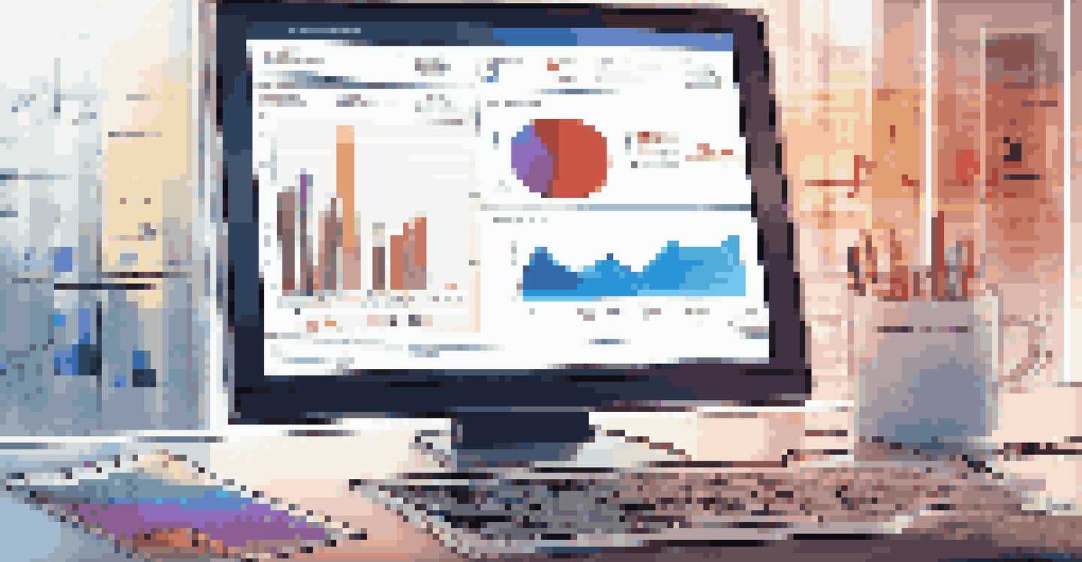 A modern workspace with technology for real estate market analysis, featuring graphs and data on a screen.