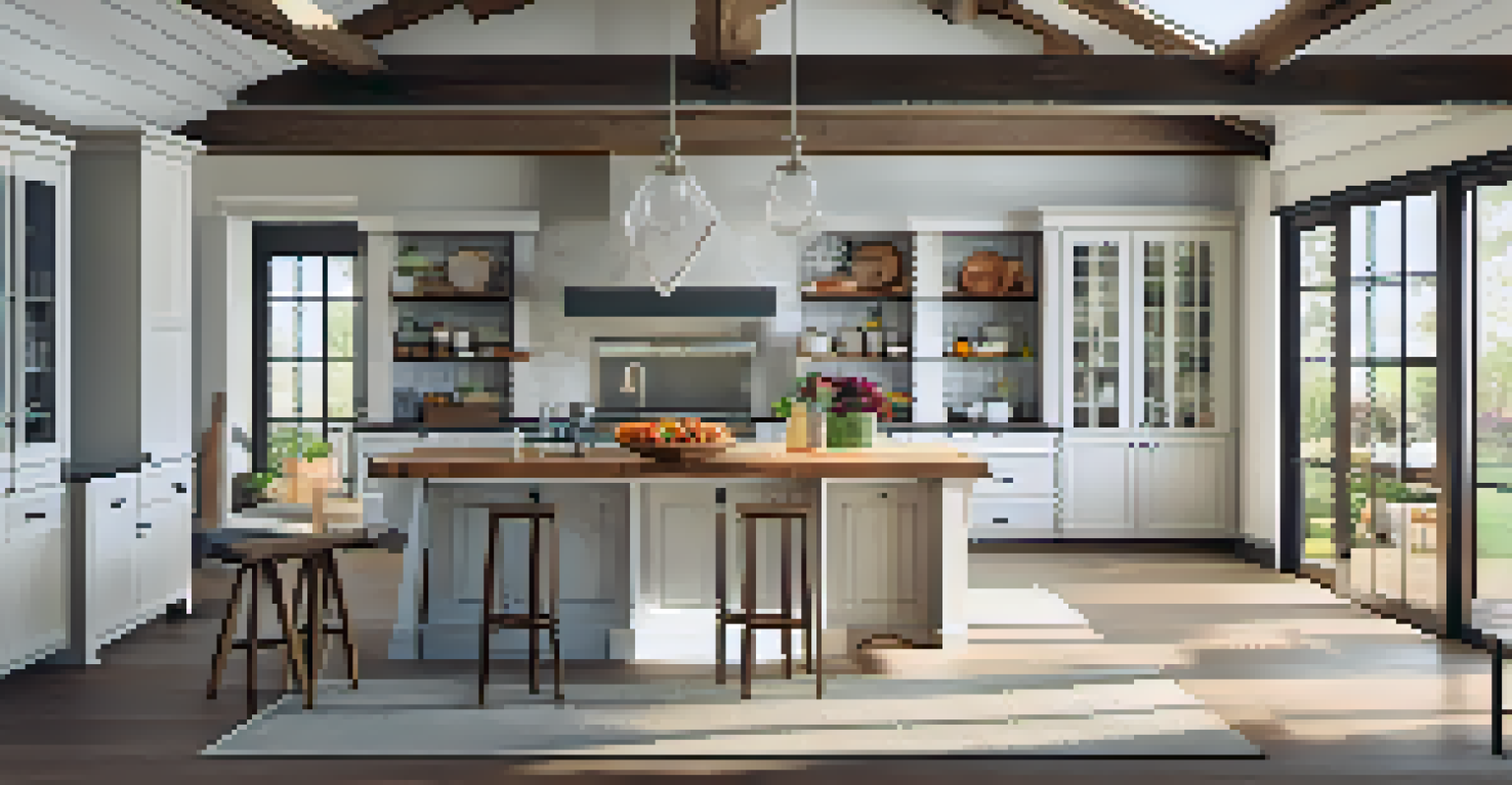 A farmhouse-style kitchen with rustic elements, including wooden beams, a large island, and decorative lighting, filled with natural sunlight.