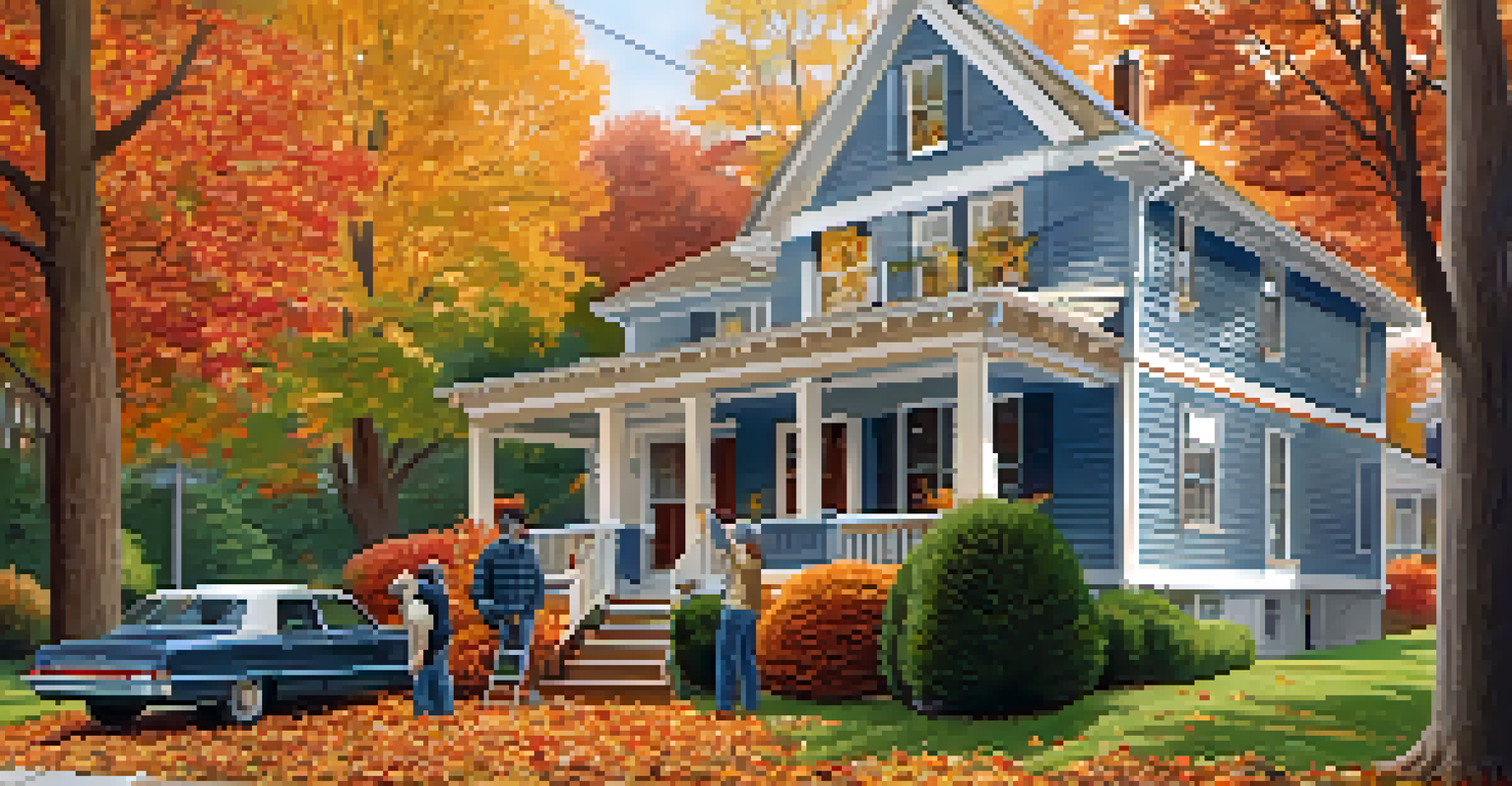 A home surrounded by autumn leaves, with two people performing seasonal safety checks on the roof and gutters.