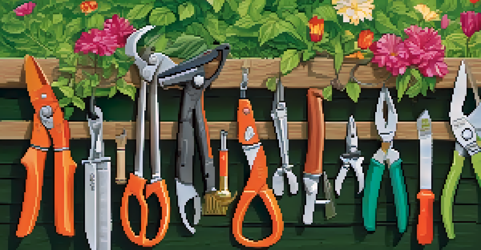A tool belt with gardening tools, set against a colorful garden backdrop.