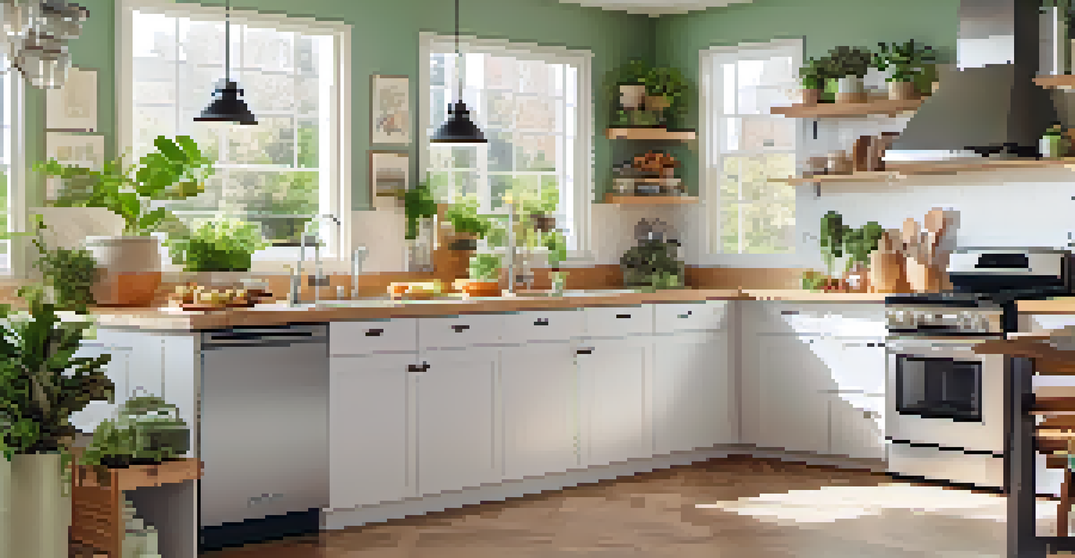A bright kitchen with recycled countertops and energy-efficient appliances, filled with natural light and plants.