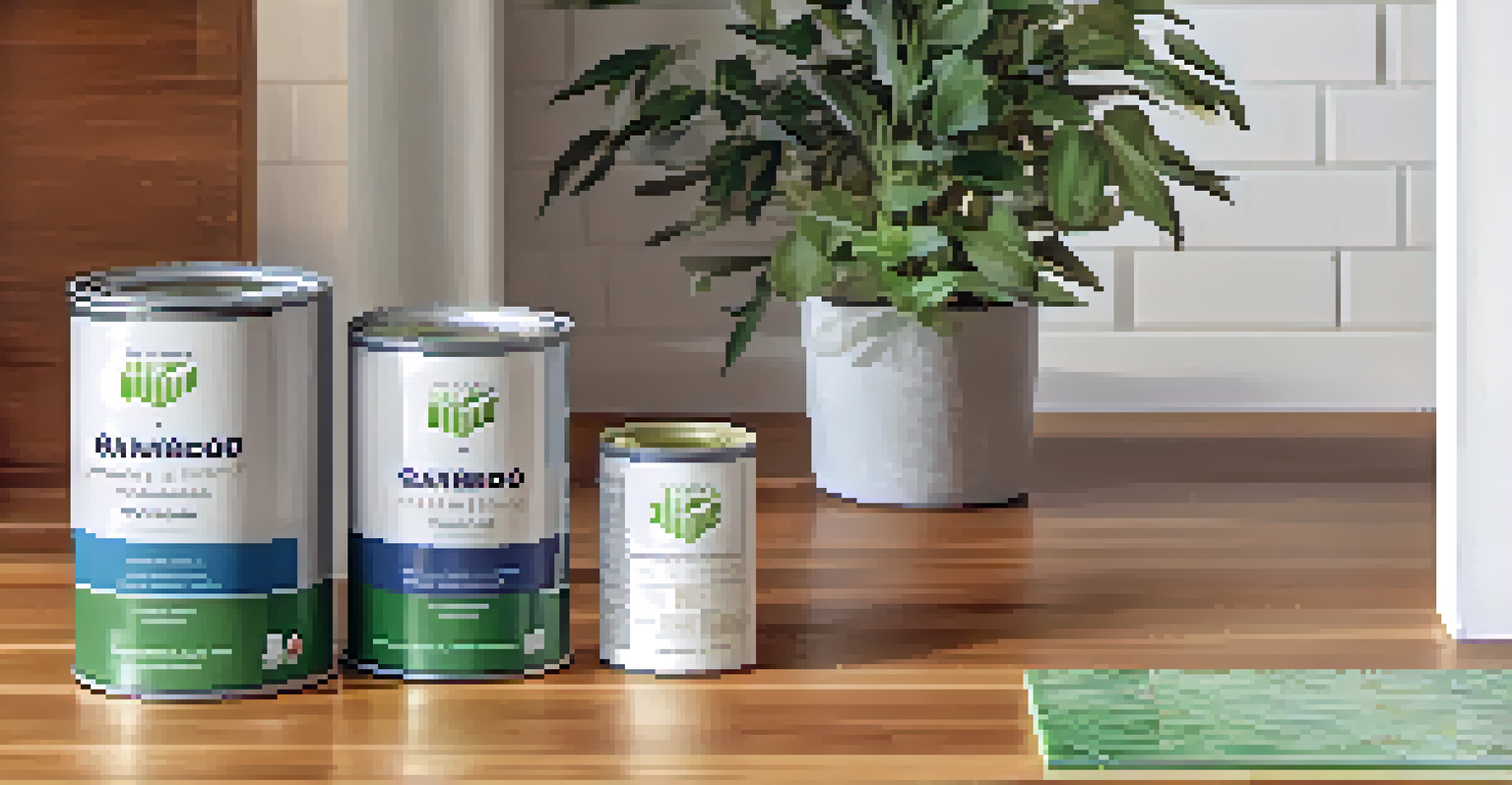 A close-up of sustainable renovation materials, including bamboo flooring, recycled glass tiles, and paint cans, showcasing their textures and colors.