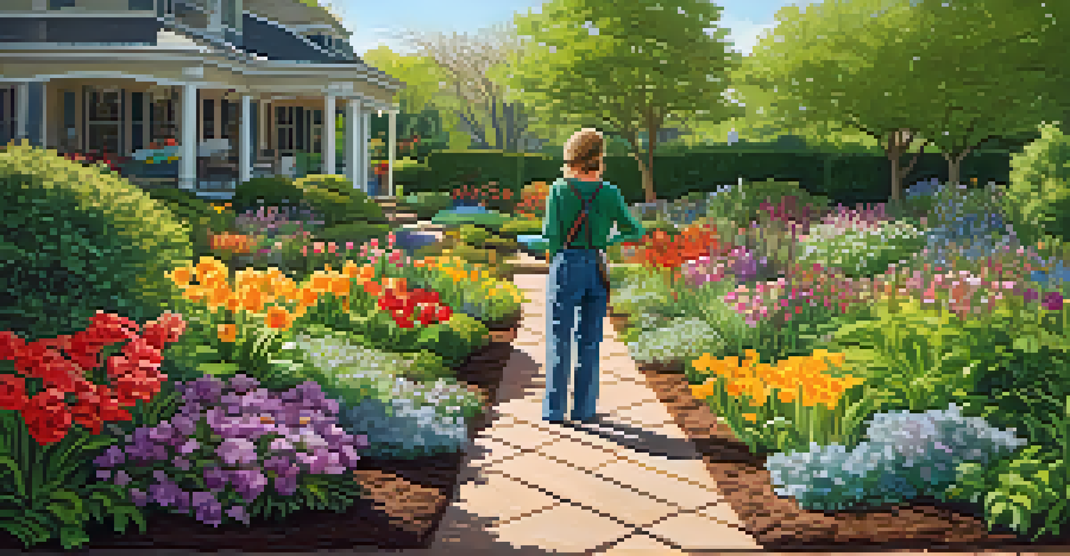 A lush spring garden full of blooming flowers and a person gardening, surrounded by green foliage and warm sunlight.