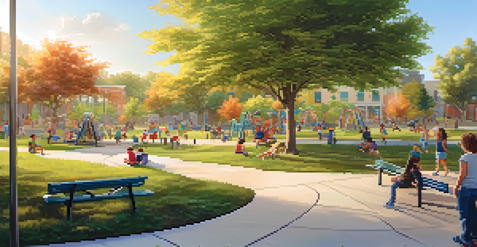 A lively community park with children playing, colorful mural, and residents enjoying the space.