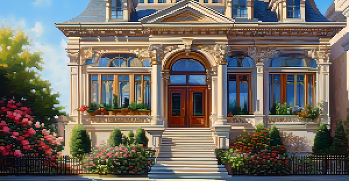 A historic building with detailed architecture, surrounded by a blooming garden and a blue sky.