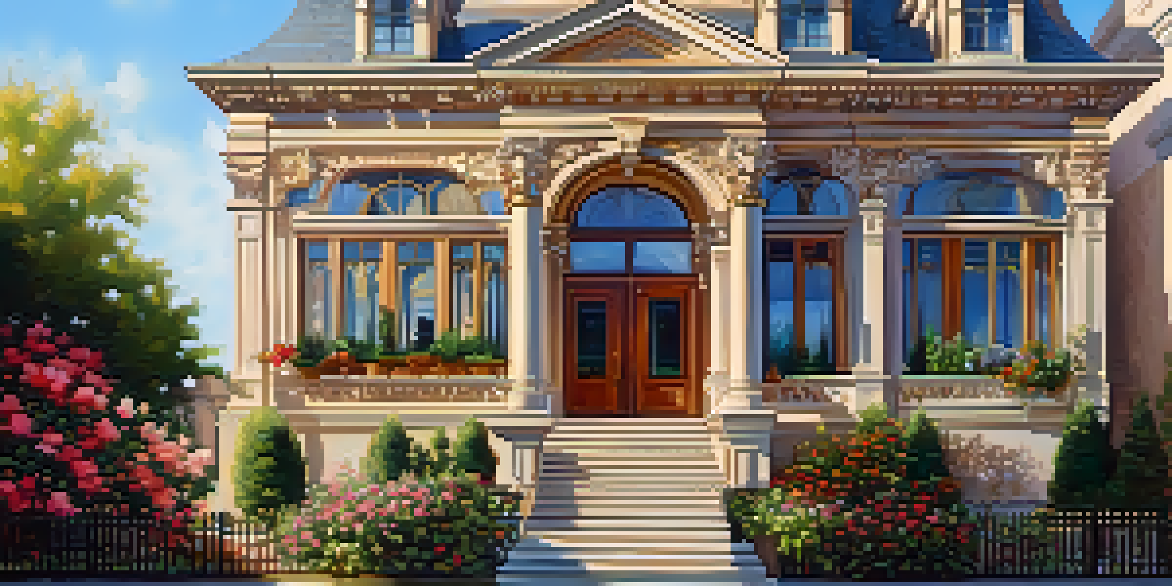 A historic building with detailed architecture, surrounded by a blooming garden and a blue sky.