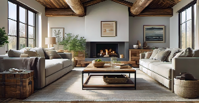 A renovated living room with reclaimed wood beams and upcycled furniture, filled with natural light and earthy tones.