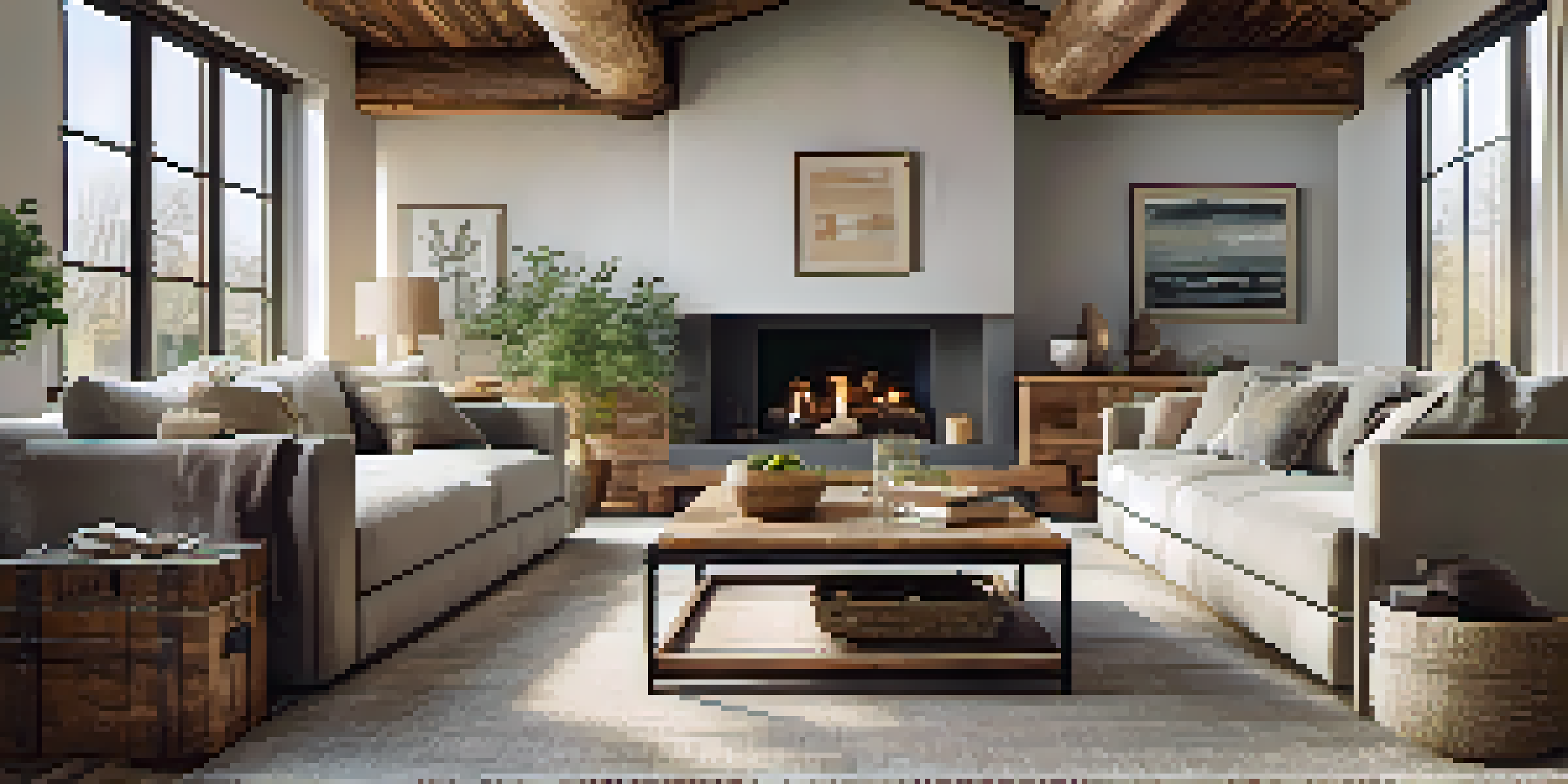 A renovated living room with reclaimed wood beams and upcycled furniture, filled with natural light and earthy tones.