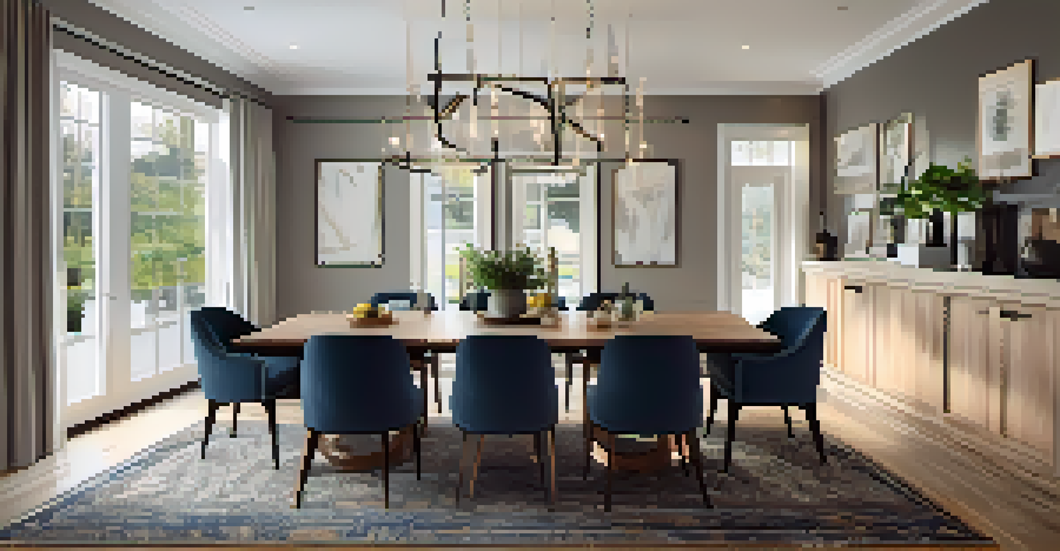 An elegant dining area with a large patterned rug under a wooden table and stylish chairs.