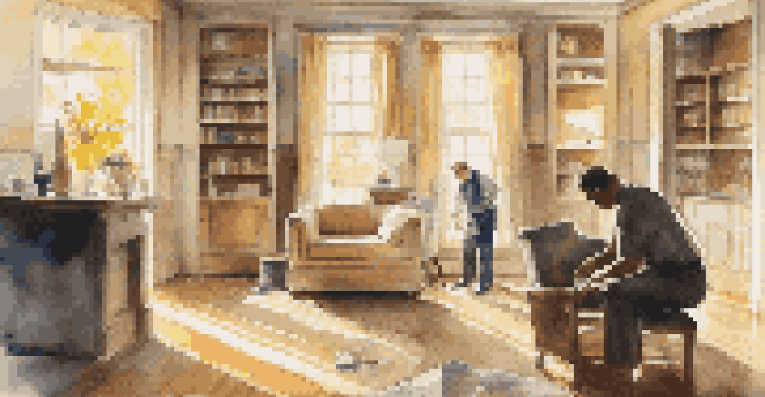 A home inspector inspecting the living room floor, surrounded by sunlight and modern furnishings.
