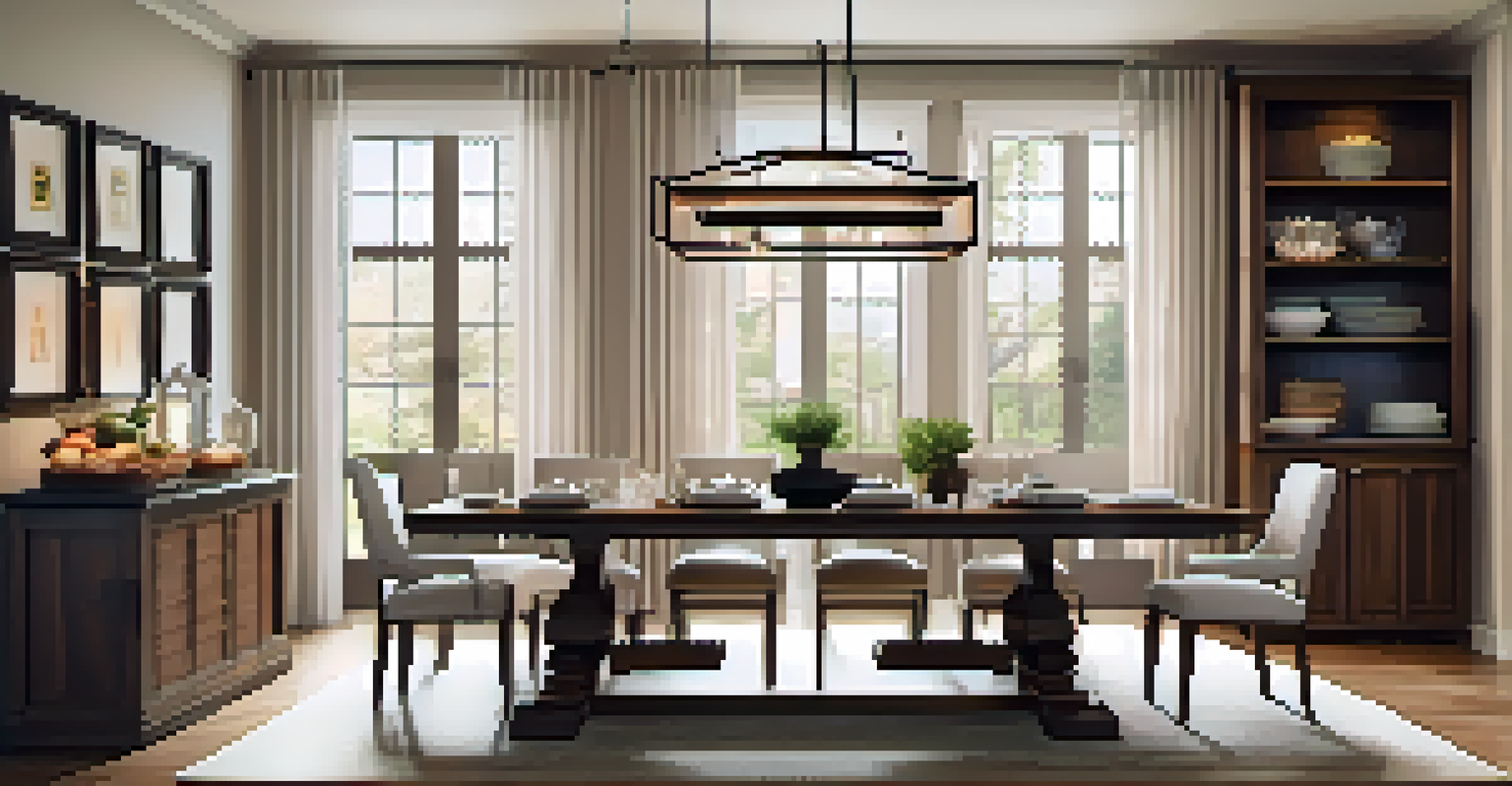 An elegant dining room with a wooden table, pendant light, and accent lighting highlighting a bookshelf.
