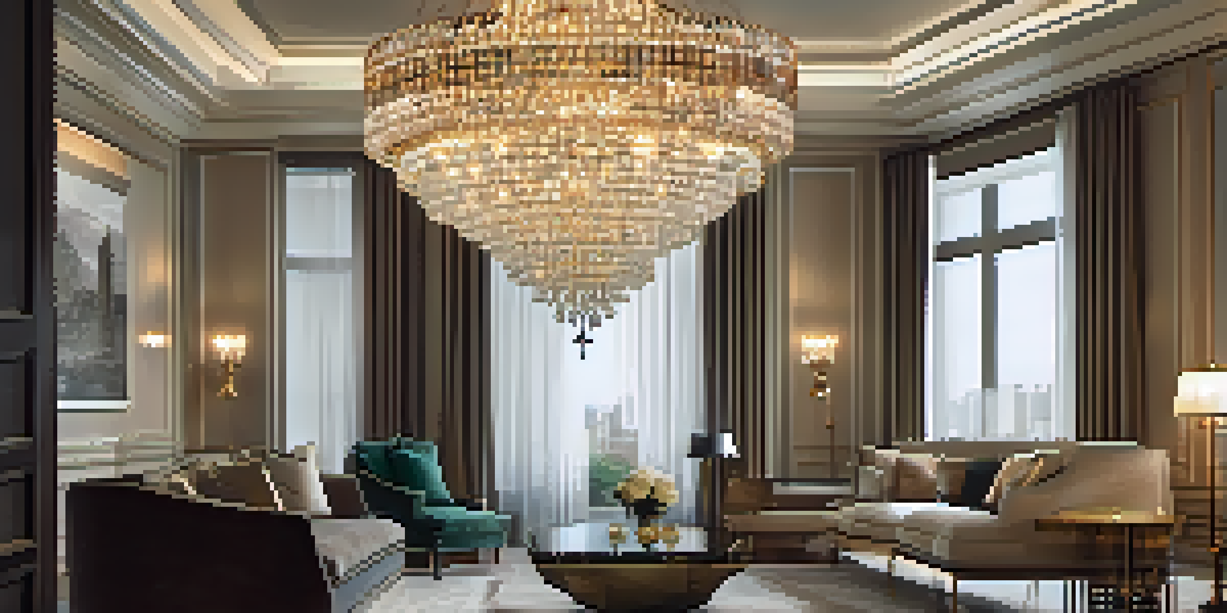 A luxurious chandelier with crystal prisms in a softly lit room, enhancing elegant decor.