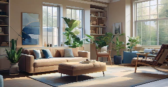 A modern living room designed for multiple uses, showcasing a convertible sofa, a foldable desk, and a reading nook with plants and warm lighting.