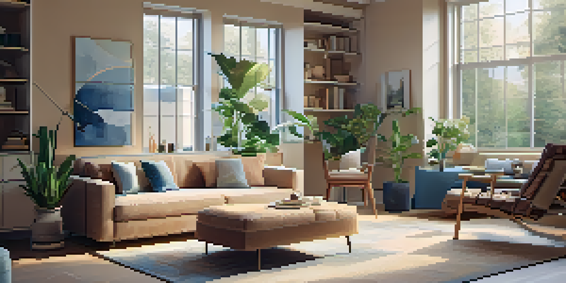 A modern living room designed for multiple uses, showcasing a convertible sofa, a foldable desk, and a reading nook with plants and warm lighting.