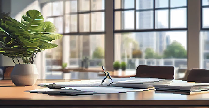 A real estate closing table with documents and a pen in a modern office setting, illuminated by soft natural light.