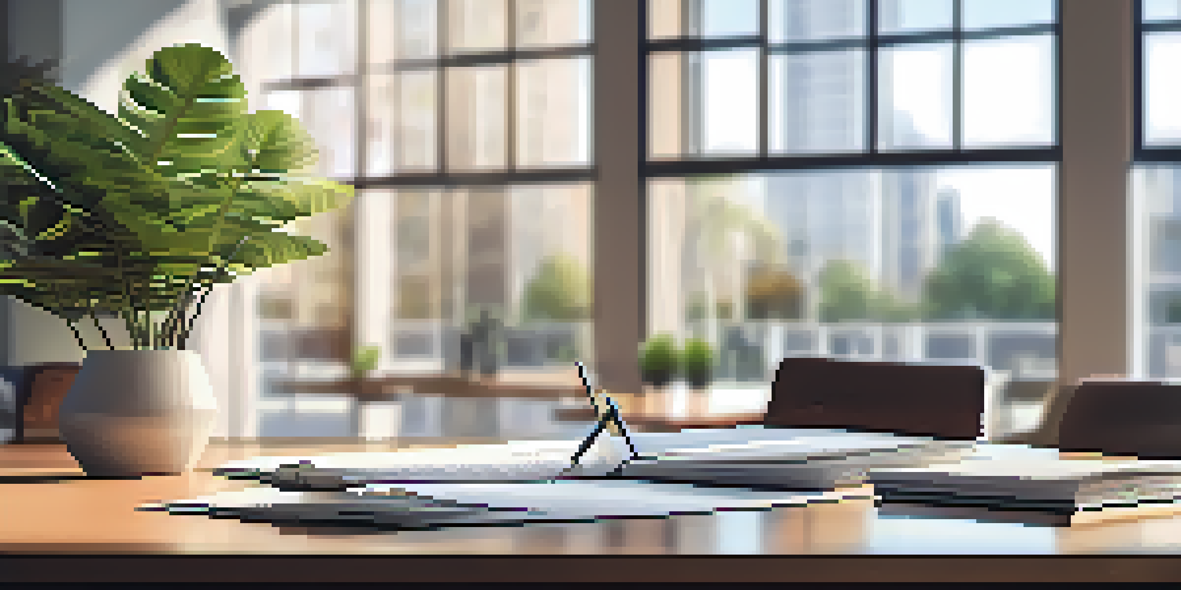 A real estate closing table with documents and a pen in a modern office setting, illuminated by soft natural light.