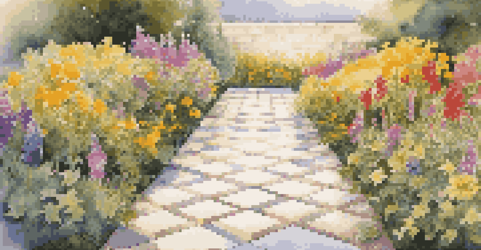 A contemporary garden pathway with square pavers in a checkerboard pattern, surrounded by bright wildflowers in warm light.