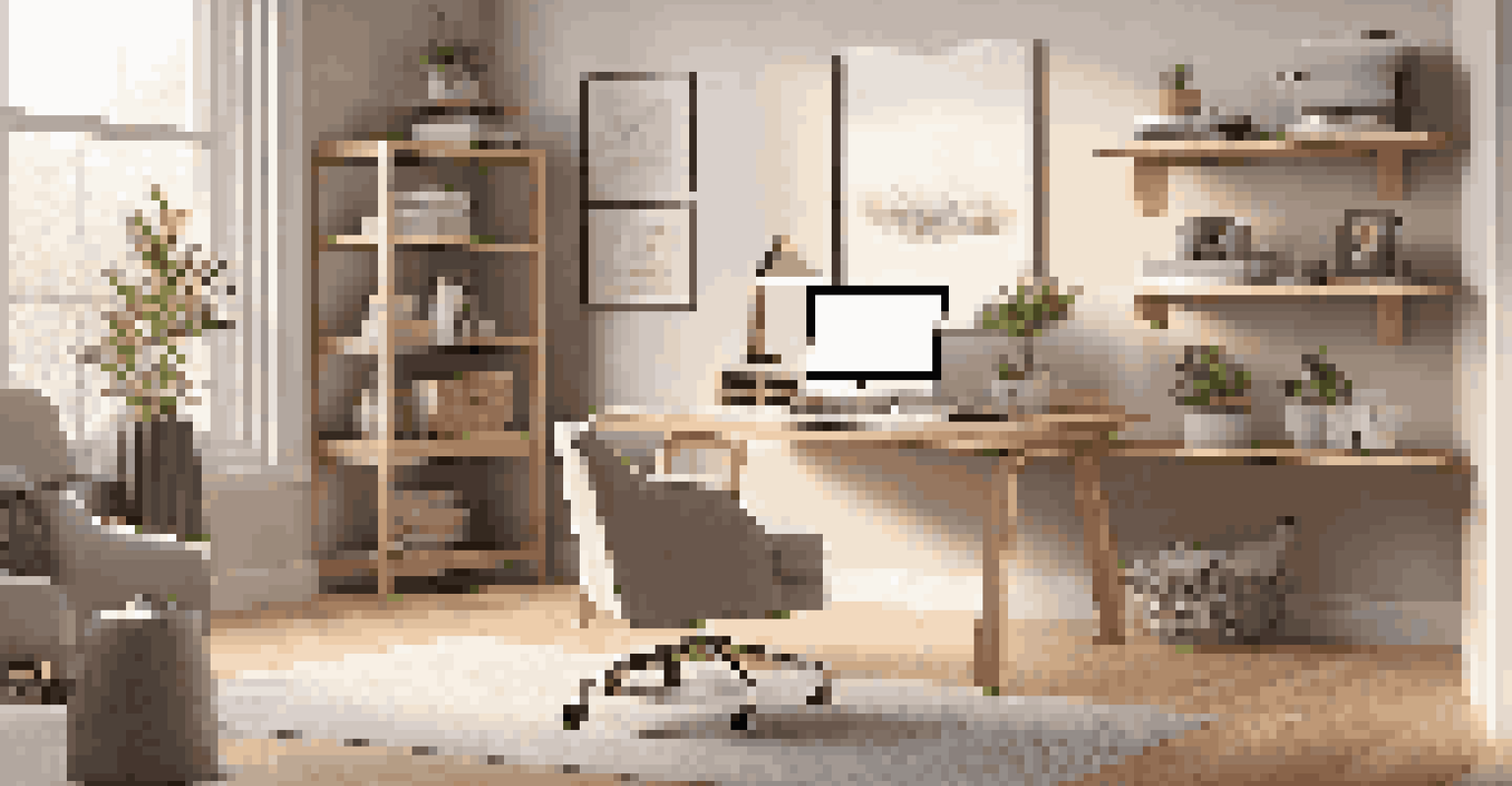 A minimalist home office with a sit-stand desk, monitor, and a stylish lamp, featuring neutral-colored walls.