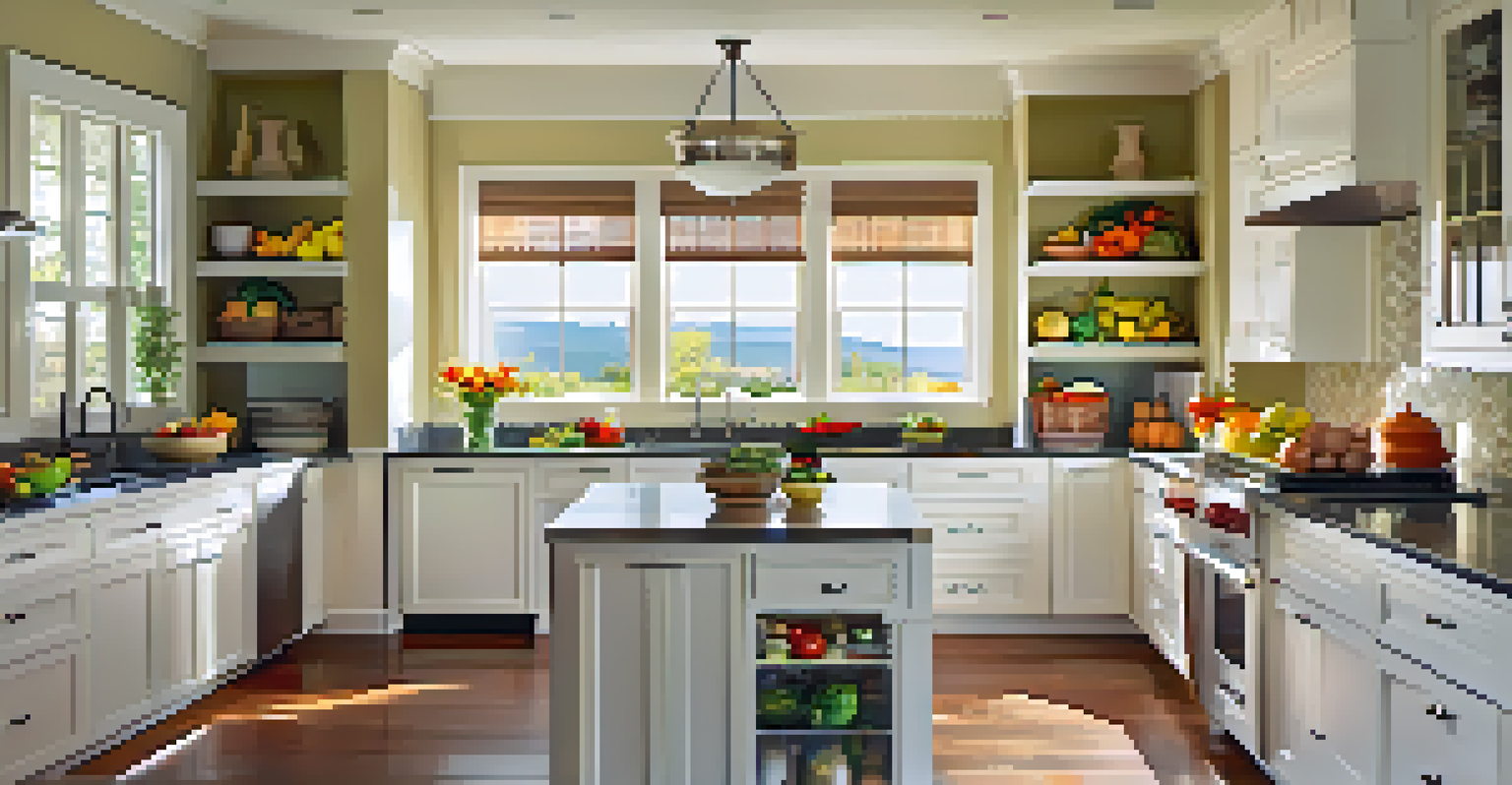 A bright kitchen with sunlight, showcasing sleek countertops and fresh fruits on display.