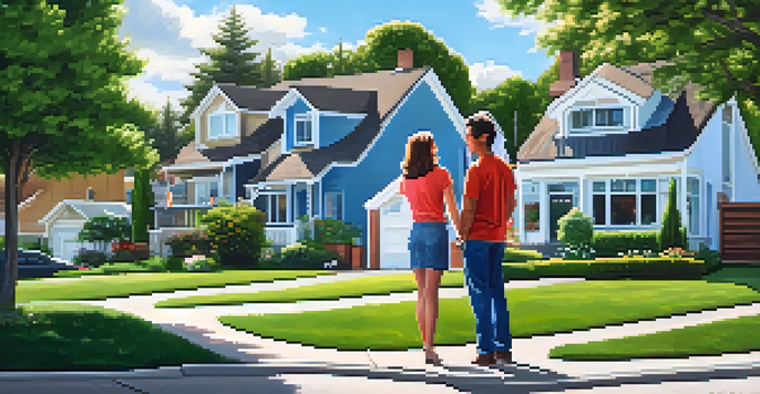 A young couple stands in front of a real estate sign in a sunny suburban neighborhood with various houses and greenery.